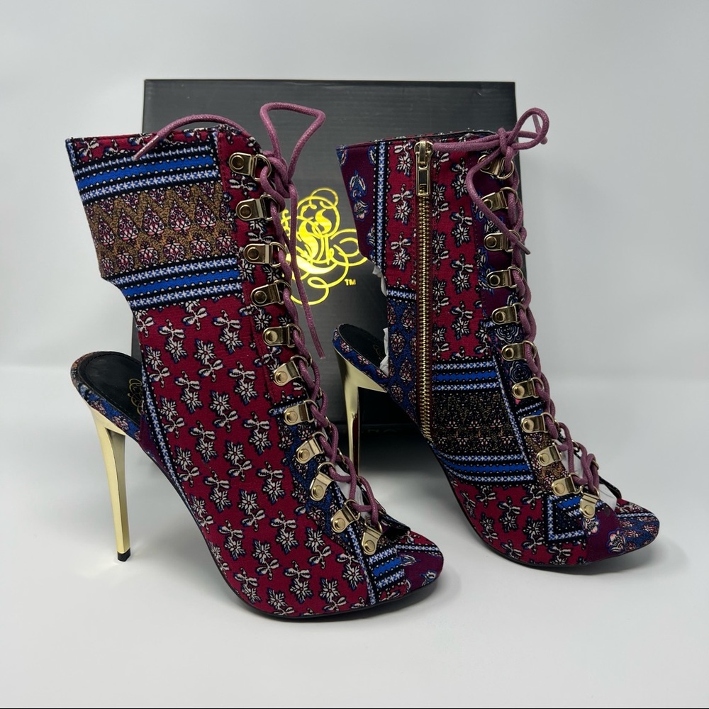 Floral Print Lace Up Open Toe Stiletto Bootie Heels